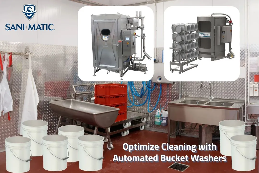 Industrial cleaning room featuring automated bucket washers from Sani-Matic, with white buckets in the foreground and images of the automated cleaning systems highlighted.